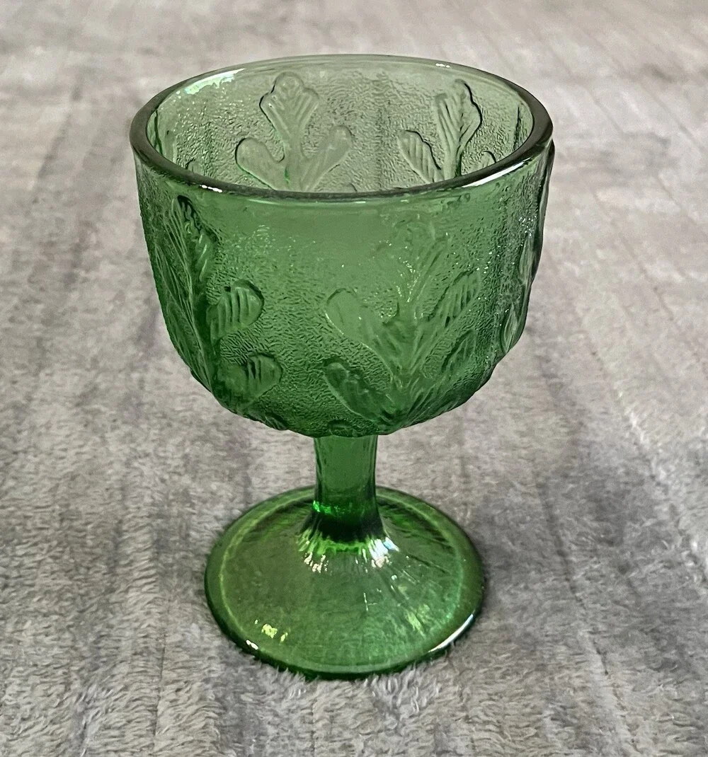Vintage 1975 FTD Embossed Oak Leaf Avocado Green Glass Planter Vase Goblet Cup